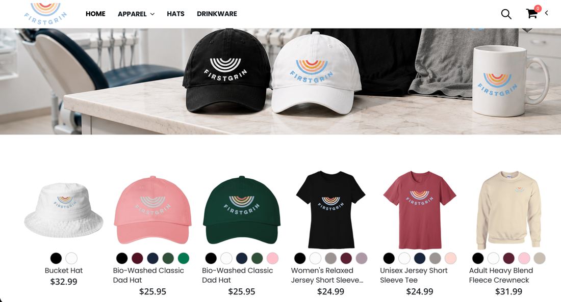 First Grin storefront: branded hats, tees and drinkware