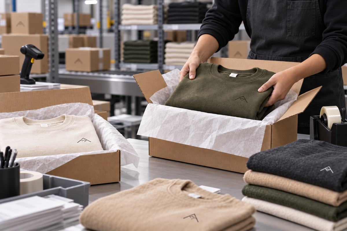 Branded sweatshirts being packed for shipment